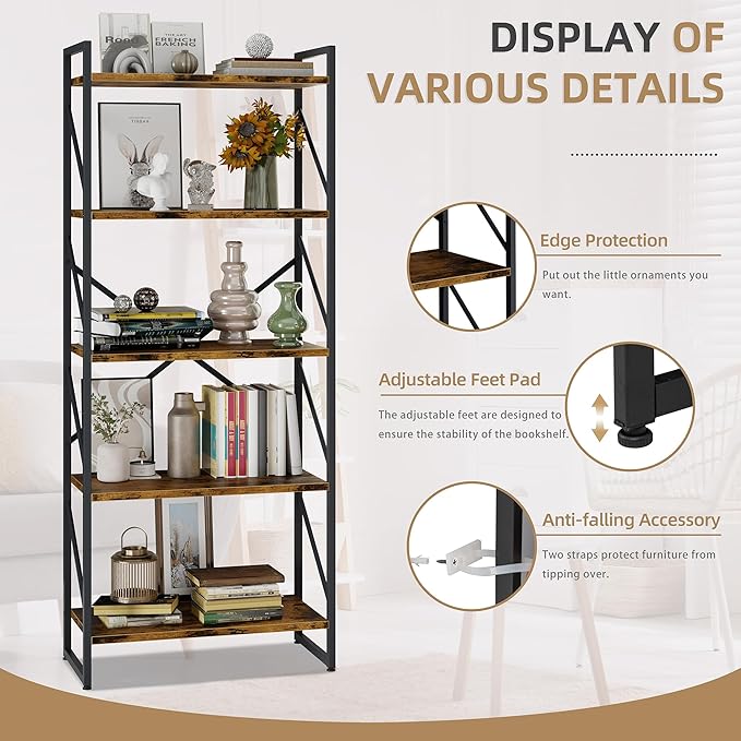 Vongrasig 5 Tier Bookshelf, Modern Tall Bookcase, Industrial Book Shelves Display Standing Shelf, Free Standing Storage Organizer for Bedroom, Living Room, Rustic Brown