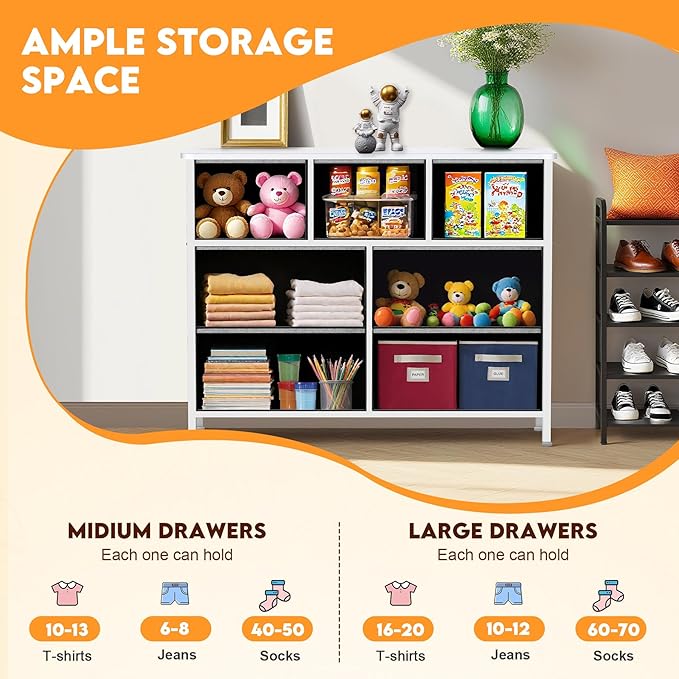 Curved Profile Dresser for Bedroom, Chest of Drawers, 7 Storage Drawers Organizer Unit, Brown Dresser with Fabric Bins for Closet, Living Room, Kid Room (White)