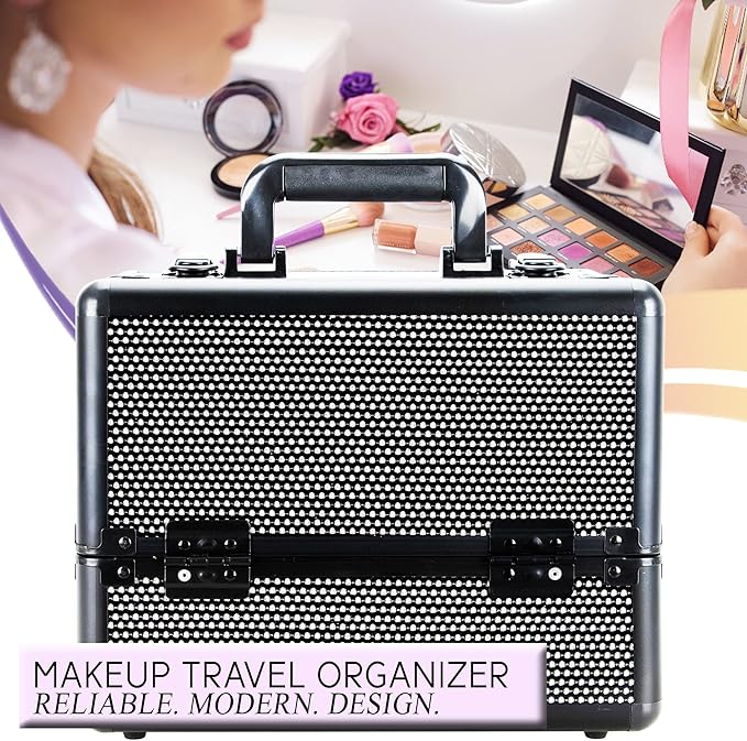 Ver Beauty Cosmetic Train Makeup Case Organizer Storage Extendable Trays Keys and Locks Shoulder Strap in Black Krystal
