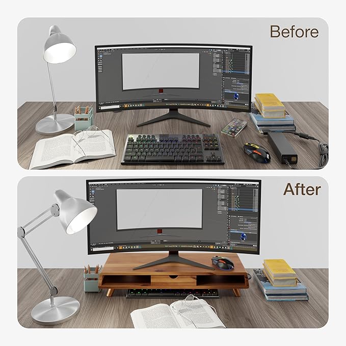 TINAMO Acacia Wood Monitor Stand with Drawer - Wooden Monitor Riser for Desk - Computer Monitor Stand for Desk - Multi-Purpose Desktop Storage Stand for Computer; Laptop; Printer; TV - 24.4 " x 8" x 5" (Patent Pending) (Acacia, 24.4 " x 8" x 5")