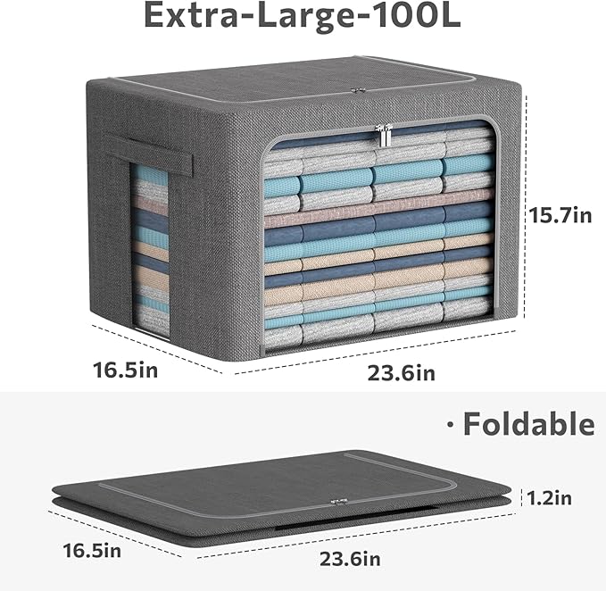 CYhom Extra Large Clothes Storage Bins - Linen Fabric Foldable Stackable Container Organizer Set with Clear Window & Carry Handles & Metal Frame (Dark Gray, Extra Large-100L)