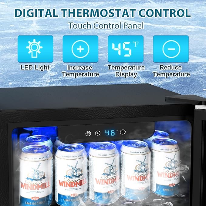 48 Can Beverage Refrigerator,12 Bottle Wine Cooler with Stainless Steel Glass Door, Digital Temperature Display, Countertop Mini Fridge for Soda, Wine or Beer, Silver