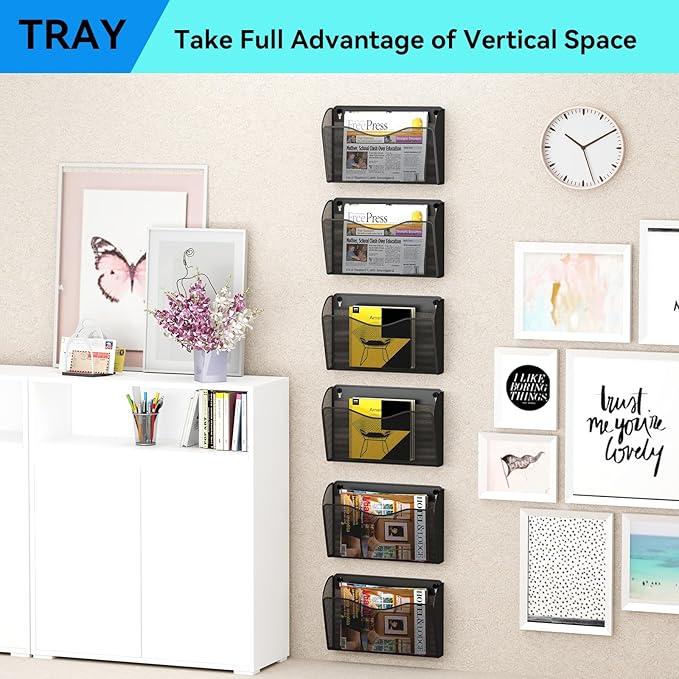 3 Single Pocket Wall File Holder, Mesh Hanging File Folder Paper Organizer, Vertical Wall Mounted Mail Basket, Storage Organization Magazine Rack for Office, Home and School, Black