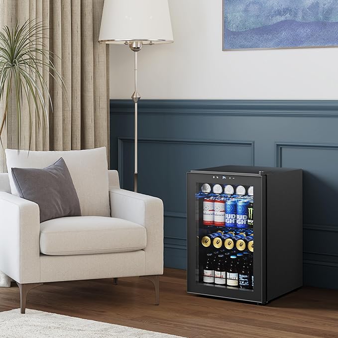 Yeego Beverage Refrigerator Cooler, 85 Cans Drink Mini Fridge with Glass Door for Soda Beer or Wine, Beverage Cooler with 34°F-54°F Digital Temperature Control for Home, Office, Bar