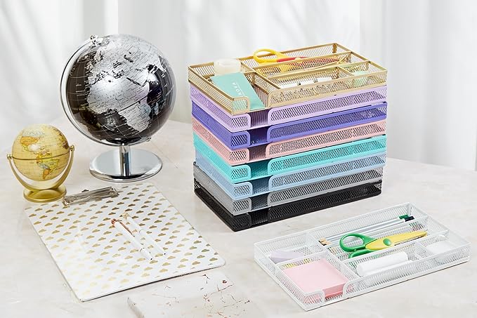 Annova Desk Drawer Organizer/Storage Tray - Metal Mesh with Dividers for Pens, Desktop Accessories, Bathroom, Kitchen, Makeup and Office Supplies (Small, Morandi Blue)