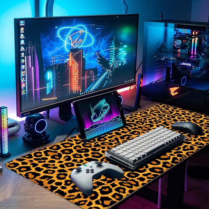 Leopard Print Mouse Pad – Large Extended Desk Mat 31.5 x 11.8 in– Bold Cheetah Animal Pattern, Non-Slip Rubber Base, Waterproof Surface, Fashionable Keyboard & Mouse Pad for Office, Home, or Gaming