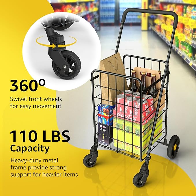 Shopping Cart w/Waterproof Basket Liner & 360° Swivel Wheels | Foldable Collapsible & Lightweight | Perfect for Groceries Laundry Utility Cart - Black