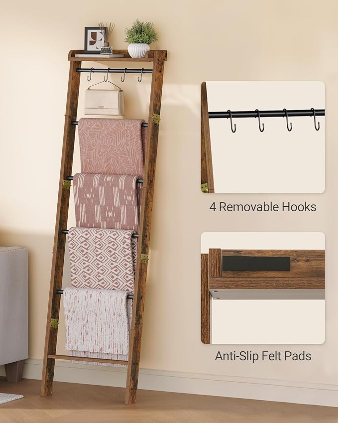 Blanket Ladder Shelf, Decorative Quilt Rack, 7-Tier Farmhouse Ladder Holder Organizer with 4 Removable Hooks, Rustic Brown BR36801B