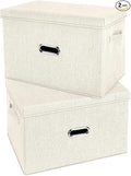 Large Linen Fabric Foldable Storage Bins with Removable Lid and Handles, Washable Storage Box Organizer Containers Baskets Cube with Cover for Bedroom,Office(Cream, Small(2-Pack))