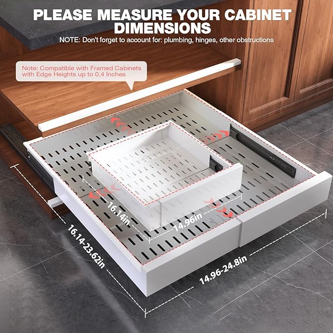 2 Pack Pull Out Cabinet Organizer Expandable Width(15"-25") and Depth(17"-24"),Slide Out Drawers With Raising Pad for Framed Cabinets,No Drill Roll Out Shelves for kitchen,Bathroom,White