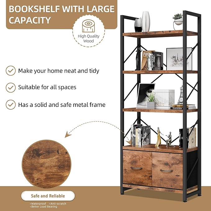 Vongrasig 5 Tier Bookshelf with 2 Drawers, Industrial Tall Bookcase, Modern Display Bookshelves Wood and Metal Shelf, Free Standing Storage Organizer for Office, Living Room, Brown