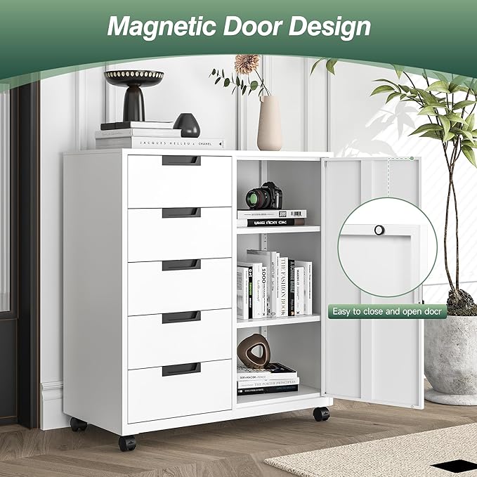 MIIIKO 5 Drawer Storage Cabinet with Door and Shelf, Mobile Lateral Cabinet on Wheels, Office Small Organizer Printer Stand, White File Cabinets