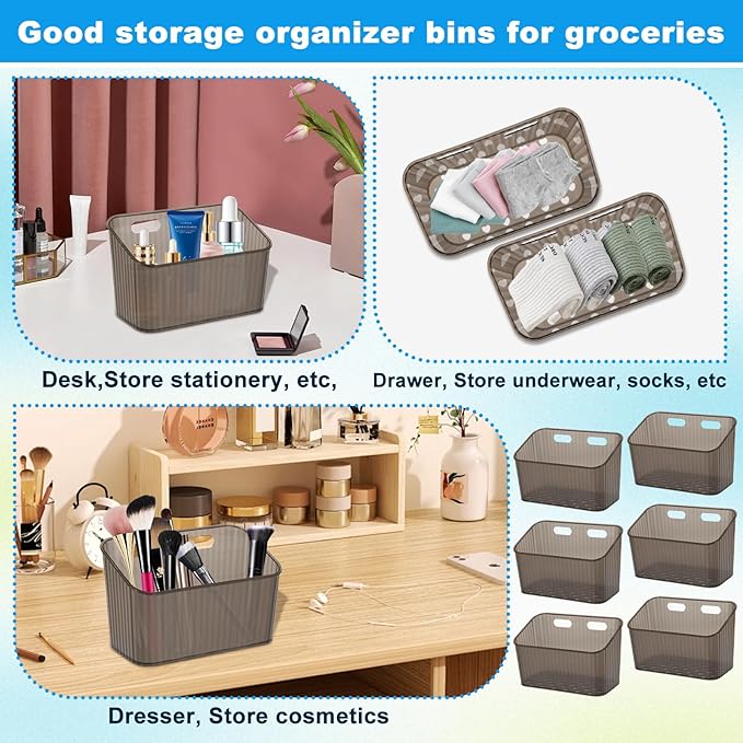 6Pcs Storage Organizer Bins Wall Mounted Organizer Basket Large Size Clear Plastic Makeup Organizer Adhesive Hanging Bin for Bathroom Kitchen Pantry（Grey）