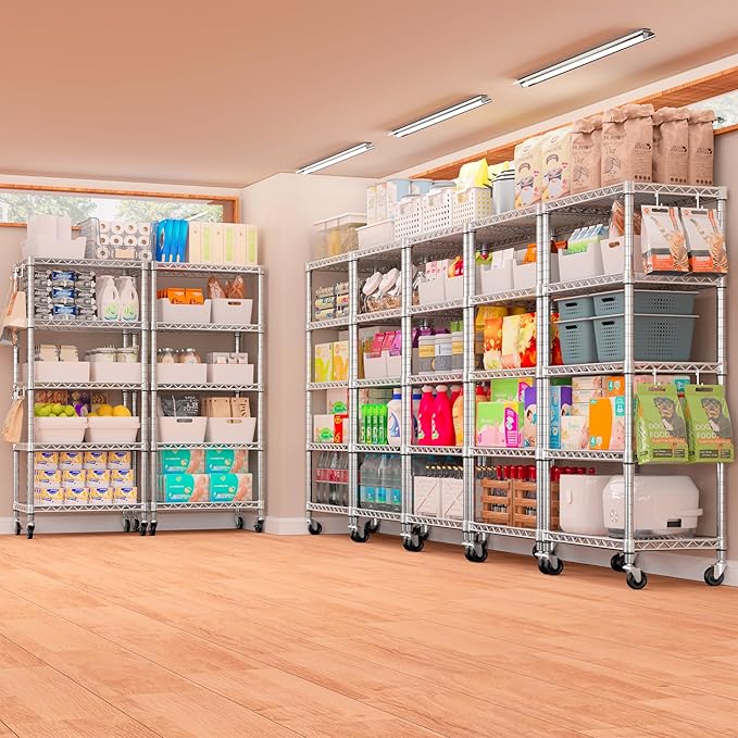 PrimeZone 2 Pack Steel Storage Wire Shelving 5 Tier Metal Shelves with Wheels,Adjustable Kitchen Utility Shelving Unit,Pantry Rack Rolling Metal Shelf Laundry,Chrome 24" Wx18 Dx75 H