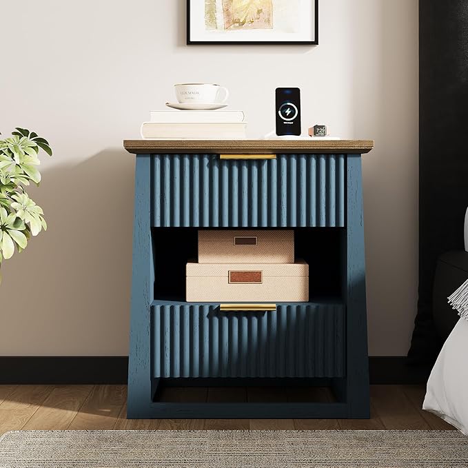 HIFYOBRO Fluted Nightstands Set of 2 with Charging Station & Motion Sensor Light, Modern Bedside Tables with 2 Drawers and Storage Shelf for Bedroom, Blue