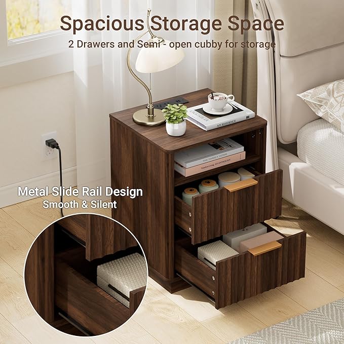 Fluted Night Stand with Charging Station, 18" Mid-Century Modern Nightstand, 2 Drawers End Table with Storage, Bedside Table for Bedroom Sofa Home Office, Curved Profile Design (Walnut)