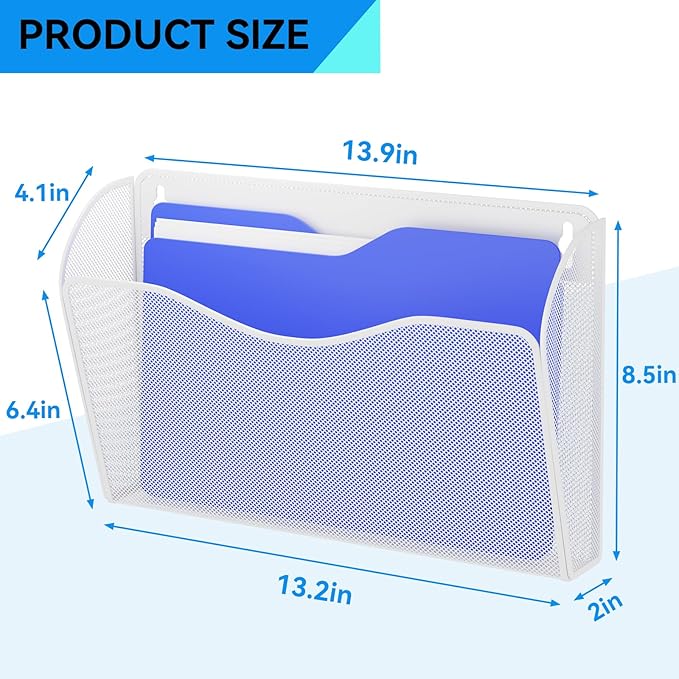 Single Pocket Wall File Holder, Mesh Hanging File Folder Paper Organizer, Vertical Wall Mounted Mail Basket, Storage Organization Magazine Rack for Office, Home and School, White