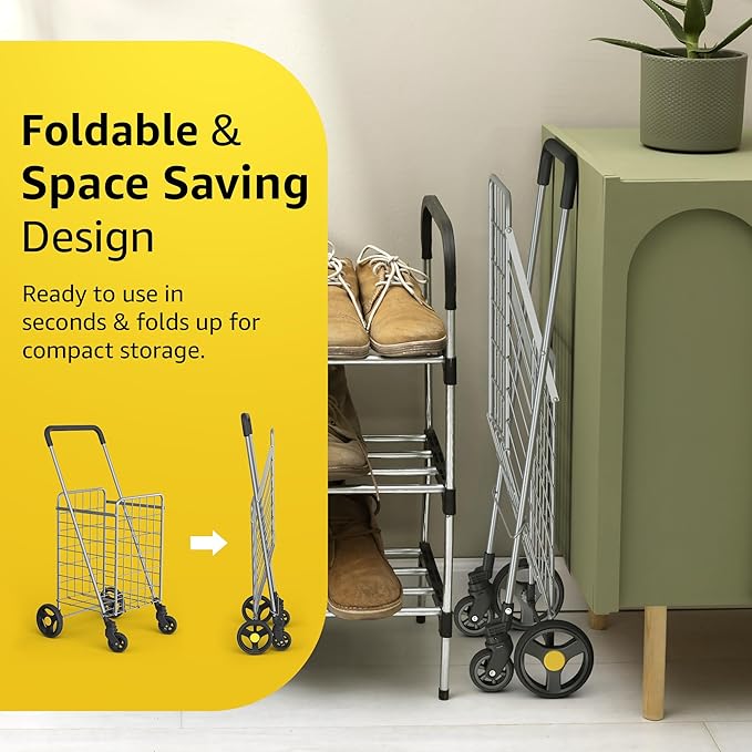 Shopping Cart w/Waterproof Basket Liner & 360° Swivel Wheels | Foldable Collapsible & Lightweight | Perfect for Groceries Laundry Utility Cart - Silver