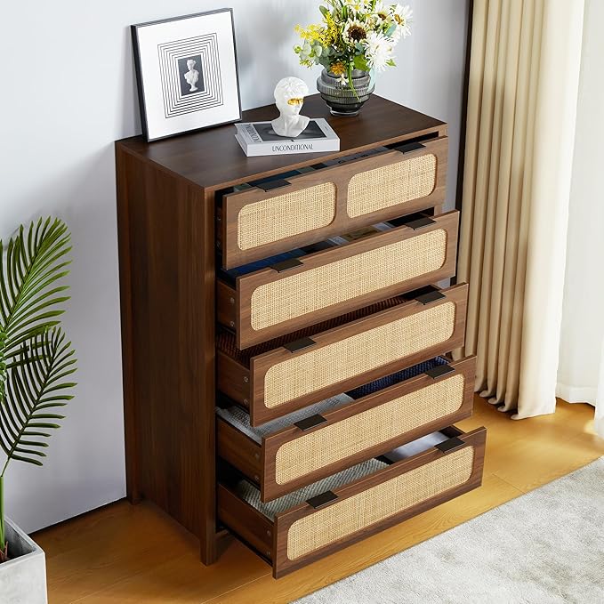5 Drawer Dresser with Rattan Finish, Modern Farmhouse Chest of Drawers with Metal Handles, Accent Wood Storage Cabinet for Bedroom, Living Room (Walnut)