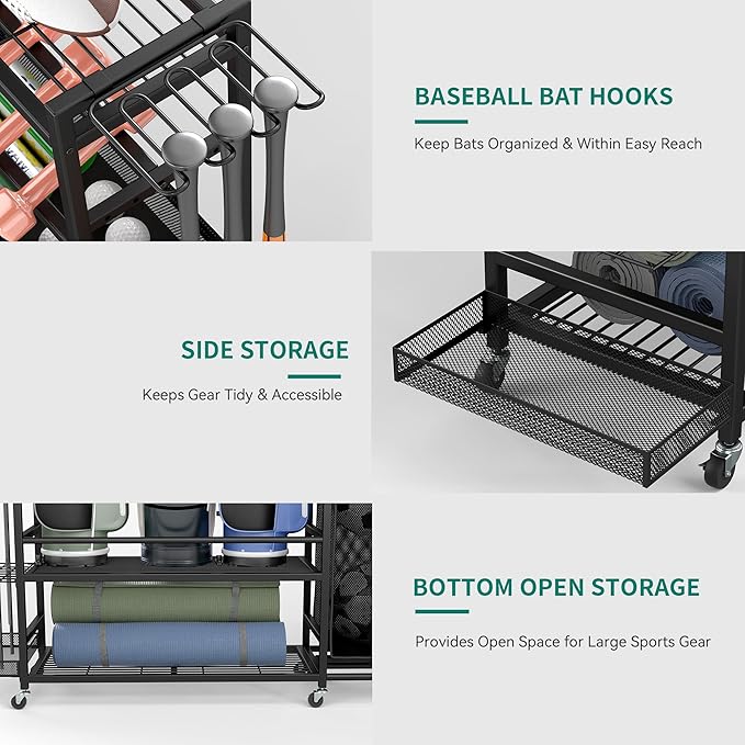 YITAHOME Multi-Functional Sports Organizer for Garage, Golf Gear Storage Rack for 3 Bags and Clubs, Ball Storage Bins with Wheels, Multi-Layer Sports Equipment Rack with Hooks