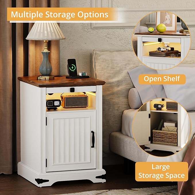 IRONCK Farmhouse Nightstand with Charging Station and LED Light, Wood Side Table with Storage Cabinet & Open Shelf，Bedside Table with Pull-Out Shelf for Bedroom, White