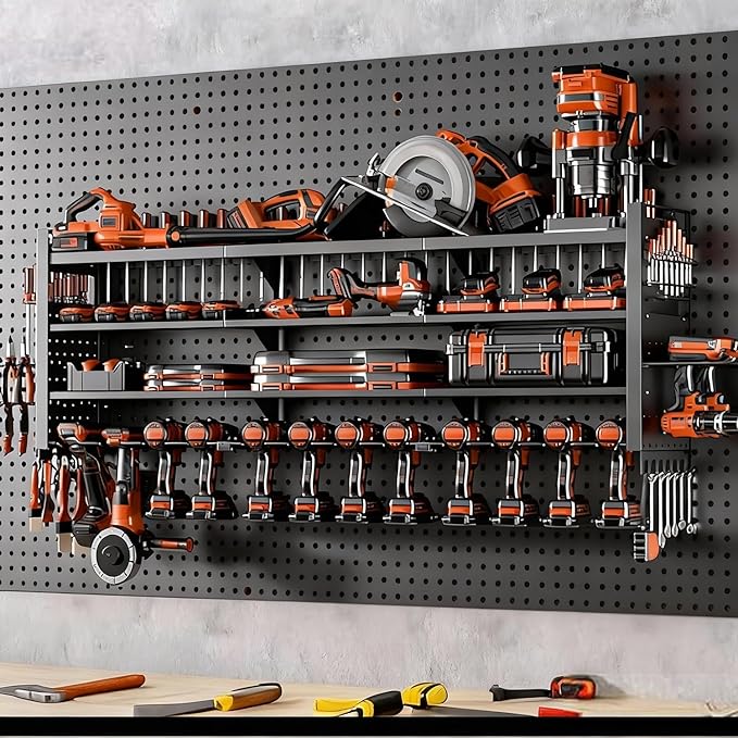 49" W Super Large Power Tool Organizer Wall Mount,Heavy Duty Cordless Tool Organizer with 14 Drill Holder,450 Lbs Capacity 4-Layer Garage Organization for Garage and Workshop (Black)
