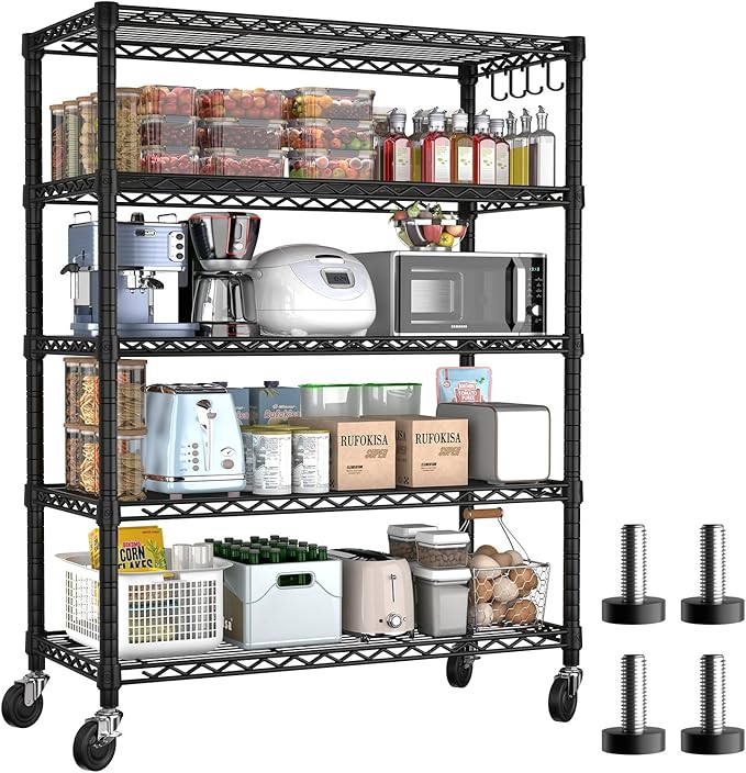 PrimeZone 74''H Wire Shelving 1250lbs 5 Tier Storage Shelves with Wheels NSF Certified Heavy Duty Steel Metal Shelf Adjustable Rolling Rack Kitchen Garage Closet Pantry Laundry 74''HX36''WX14''D