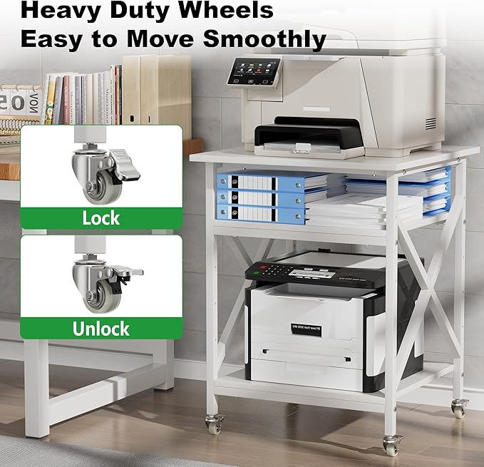 Ollieroo 3 Tier Printer Stand, Large Table with Wheels, Rolling Cart with Height Adjustable Middle Storage Shelf, 23.6 x 23.6 x 30.3 Inches Shelf for Home Office, White