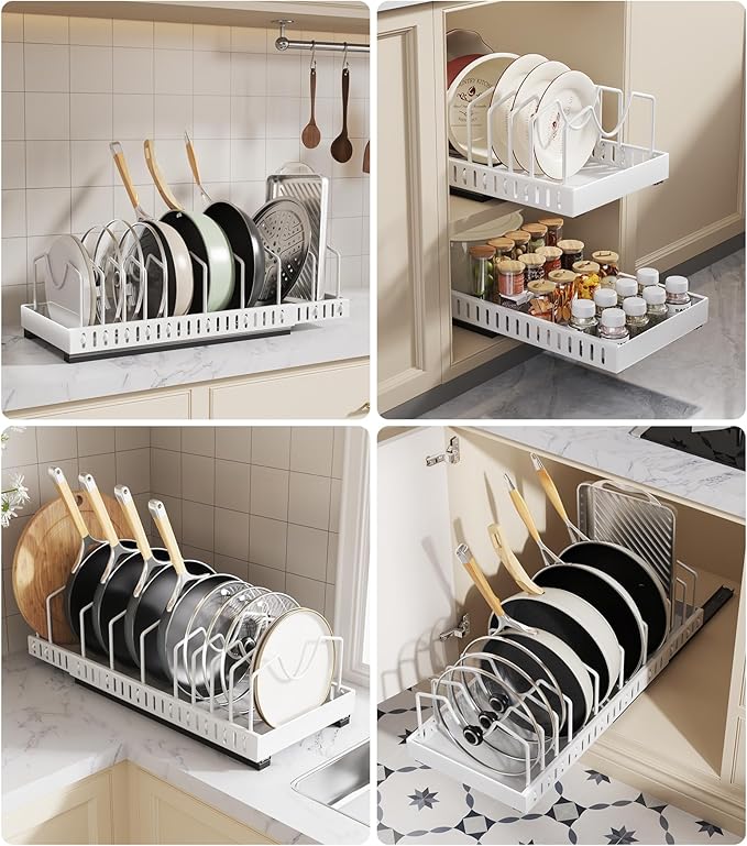 Pull Out Pots and Pans Organizer Under Cabinet, Expandable Sliding Lid Holder and Pan Rack for Kitchen, Slide Out inside Cabinet for Pot Lid, Bakeware, Dishes, 10 Adjustable Dividers, 1 Pack White