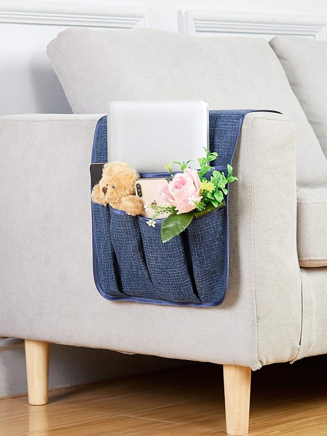 FLYILY Sofa Armrest Organizer Non-Slip Arm Chair Hanging Caddy Remote Control Holder for Magazine, Phone, Books, Glasses(Navy,13in)