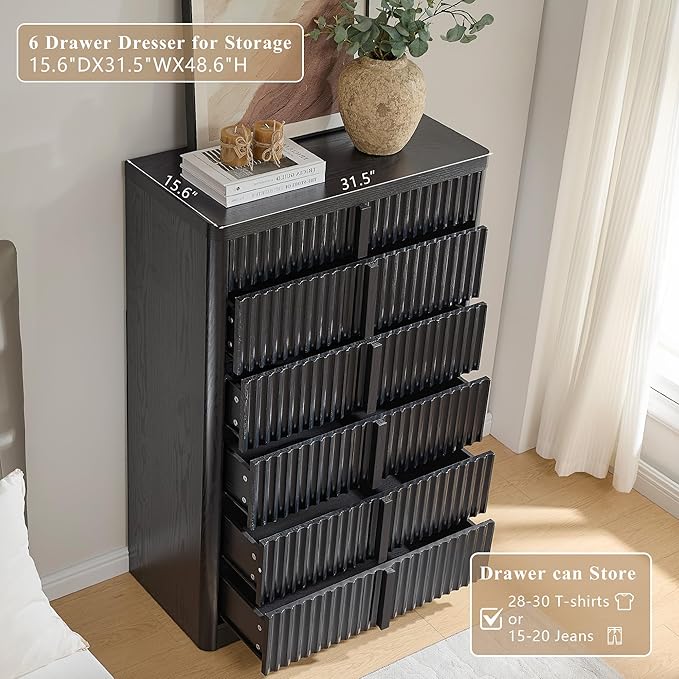 Black Fluted Dresser for Bedroom, Chest of Drawers, 48" Tall 6 Drawer Dresser, Curved Profile Design, Modern Wooden Chest of Drawers with Solid Wood Handle for Living Room, Bedroom