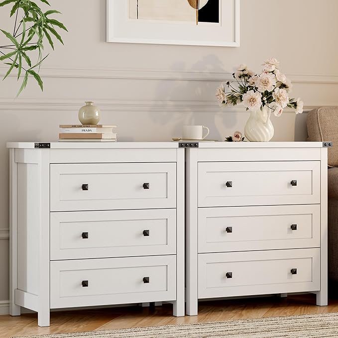 Dresser for Bedroom with 3 Drawers, Small Chests of Drawers, 27.55" Wide Farmhouse Wood Nightstand Bedside Cabinet End Table, Modern Closet Storage Organizer for Living Room, Entryway, Hallway, White