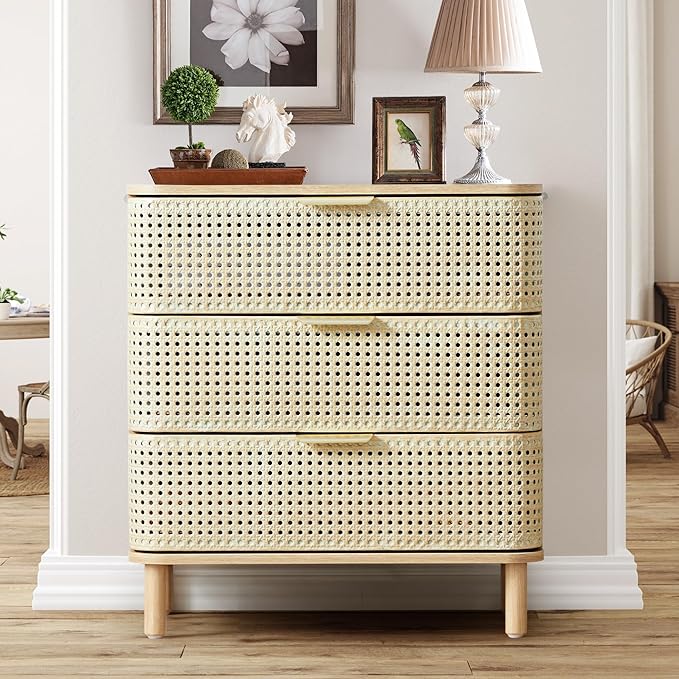 ORRD 3 Drawer Dresser, Modern Iron Rattan Cabinet Dresser for Bedroom, Large Nightstand Accent Storage Chest of Drawers for Living Room, Bedroom - Natural