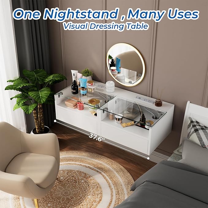 Loomie White Floating Nightstands Set of 2, 18.9” Bedside Table w/Charging Station and LED Light, Floating Shelf with Drawer, Wall Mounted Night Stand for Bedroom, Entryway Wall.