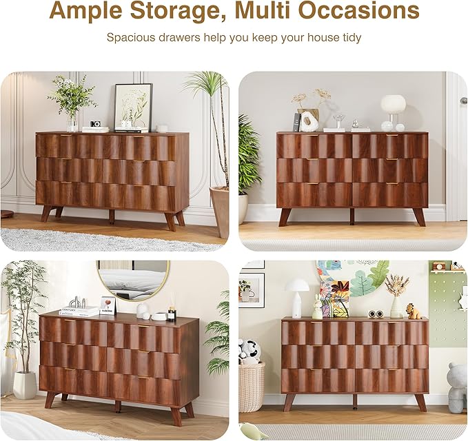 6 Drawer Dresser, Modern Fluted Storage Dresser with Deep Drawers and Metal Handles, Wood Chest of Drawers Storage Organizer for Bedroom, Living Room, Hallway (Walnut)