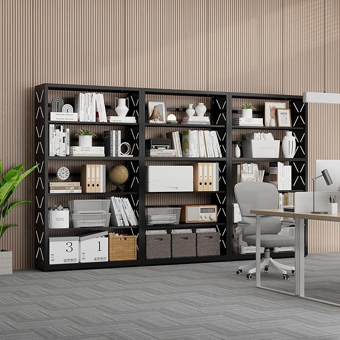 5 Tier Bookcase,Industrial Bookshelf,55" Black Metal Tall Bookshelf with Adjustable Feet and Adjustable Shelves,Home Office Bookcase Shelf Storage Organizer for Living Room、Kitchen