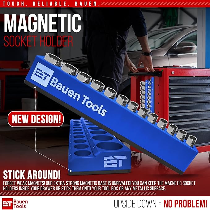 Magnetic Socket Organizer Set -3 Piece Metric Magnetic Socket Holder Set Blue - 1/2-inch, 3/8-inch & 1/4-inch Drive, Holds 75 Sockets, Professional Grade Socket Tray Organizer. NEW VERSION