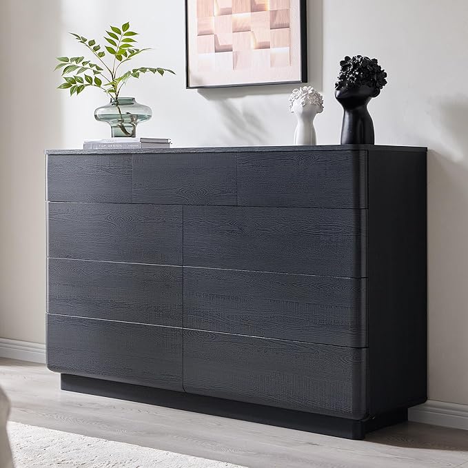ACCOHOHO Modern 9 Drawer Dresser for Bedroom, 52" Wide Wooden Dressers with Large Storage,Handleless Chest of Drawers TV Stand for Living Room & Hallway, Curved Profile Design, Black