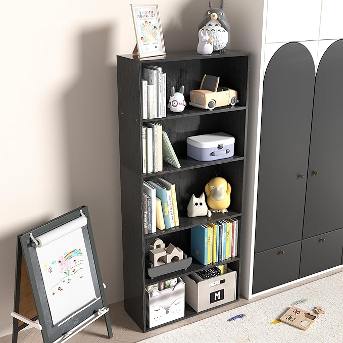 5 Tier book shelf,5 Cube Storage Organizer,5 Tier Cube Low Bookcase Freestanding Storage Display Organizer, 54 Inch Versatile Cubes Shelf and Cubby Storage for Any Space (Black, 5 Cube-W(23.6inch)