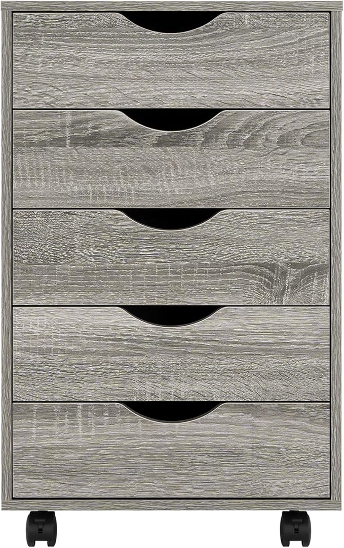 5-Drawer Rolling Storage Cart Organizer - Mobile Under Desk Dresser with Lockable Wheels, Grey Oak Engineered Wood for Home Office Dorm, Compact 15.7 x 15.7 x 26 Inches