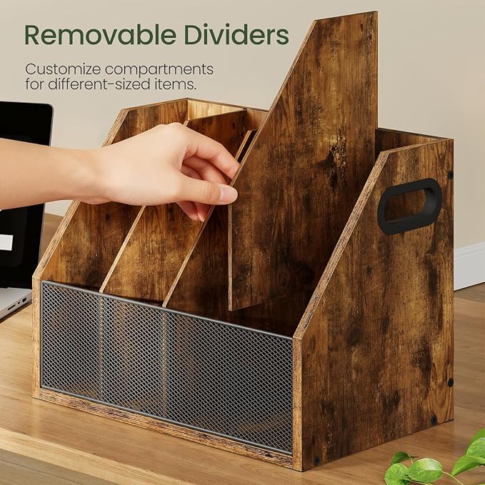 Wooden Desktop File Organizer with Removable Dividers, Mesh Front Panel for Paper, Mail, Magazine, Home Office Desk Storage, Easy Assembly, Rustic Brown MWJ06FG