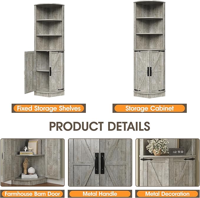 Vabches 64.8" Tall Farmhouse Corner Cabinet, Corner Shelf with 2 Barn Doors & Storage Shelves, Home Space Saver with Storage for Bathroom, Living Room, Entryway, Kitchen, Washed Grey