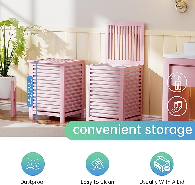 SMIBUY Double Laundry Hamper with Lid, 120L Bamboo Laundry Basket with Removable Liner Bag, 2-Section Clothes Divider Laundry Sorter for Laundry Room, Bathroom, Bedroom (Pink)