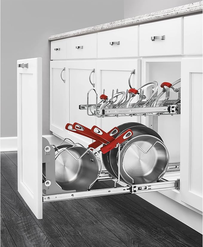 Rev-A-Shelf 2-Tier Kitchen Cabinet Pullout 20.75" Cabinet Organizer for Pots, Pans, and Lid Cookware, Adjustable Heavy Duty Wire, Chrome, 5CW2-2122-CR
