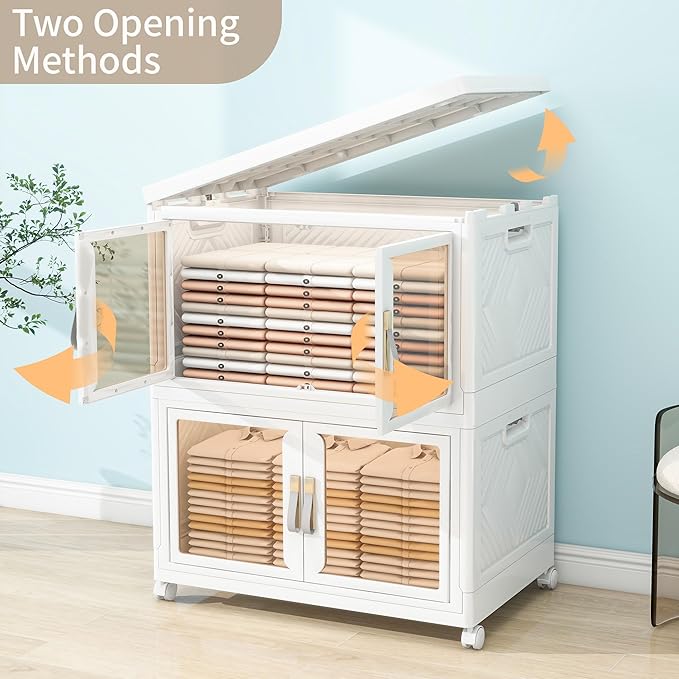 Large Clear Stackable Storage Bins with 2 Lids, Foldable Storage Cabinet for Closet Organizers and Storage, Plastic Storage Box with Wheels 942 QT