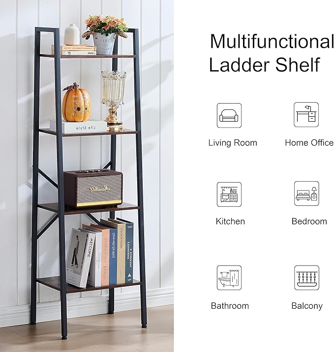 Hoctieon 4-Tier Industrial Ladder Bookshelf, Narrow Ladder Shelf, Tall Standing Bookshelf, Skinny Open Ladder Shelf, for Living Room, Home Office, Kitchen, Bedroom, Metal Frame, Rustic Brown
