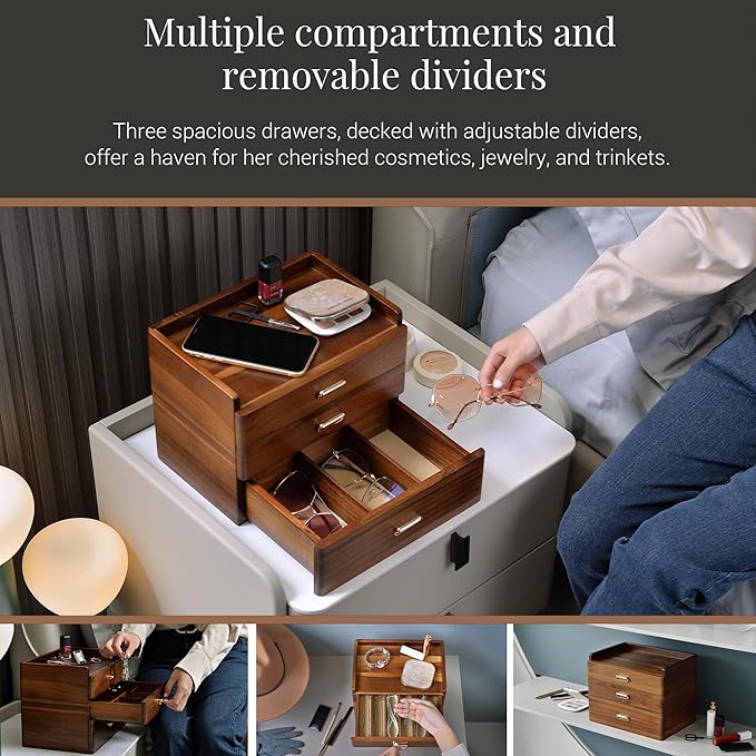 Shanik Personalized Wooden Jewelry Box for Women – Large Three-Drawer Organizer with Compartments for Rings, Necklaces & Earrings