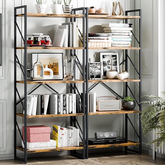 Vongrasig 5 Tier Bookshelf, Modern Tall Bookcase, Industrial Book Shelves Display Standing Shelf, Free Standing Storage Organizer for Bedroom, Living Room, Rustic Brown