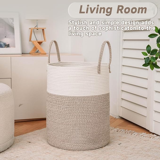 Large Woven Laundry Basket Hamper,80L Cotton Rope Storage Bin for Blankets,Toys and Clothes,Decorative Tall Nursery Hamper for Living Room,Baby Nursery,Bathroom and Bedroom,Brown