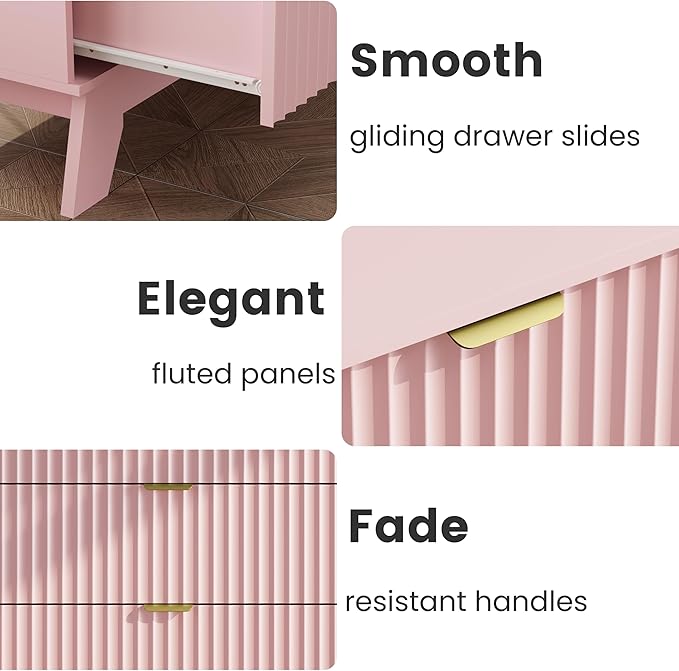 Night Stand Set 2, Bedside Table & End Table, Mid Century Modern Fluted Wood Nightstand with 3 Drawers & Metal Handles, Farmhouse Nightstand for Bedroom, Pink
